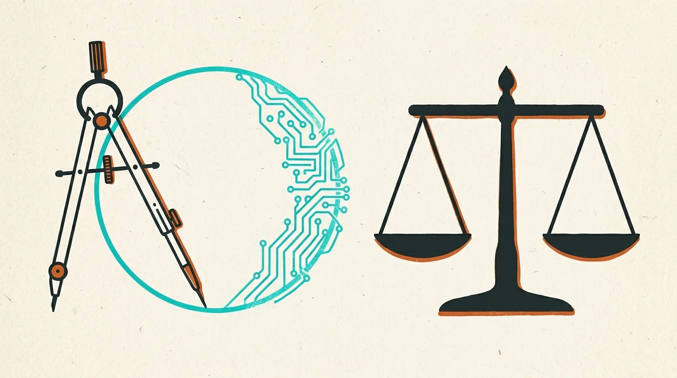 Minimalist screenprint illustration balancing a mechanical drafting compass and digital circuit with the scales of justice.