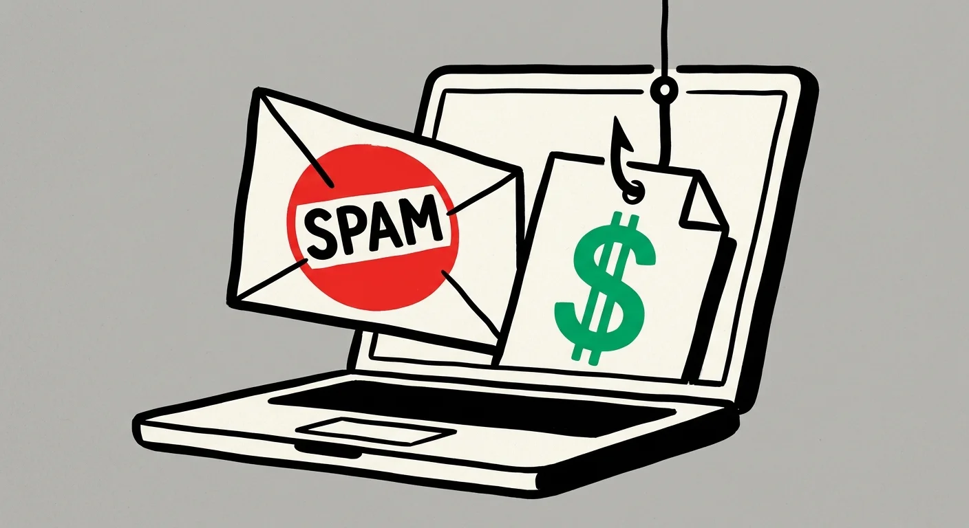 A bold graphic illustration of a laptop screen with a spam envelope and a dollar sign on a fishing hook.