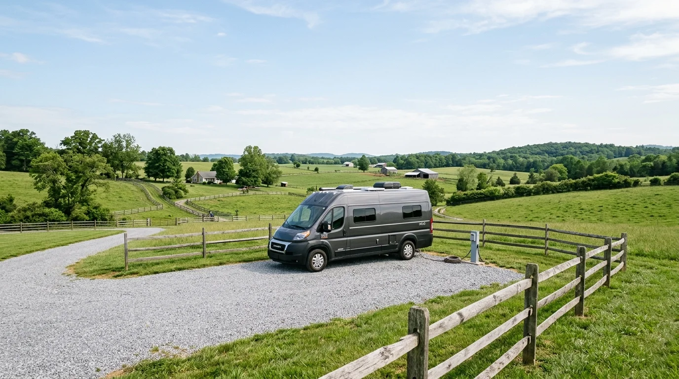 A camper van parked on a neat gravel pad on a rural property, surrounded by open green fields.