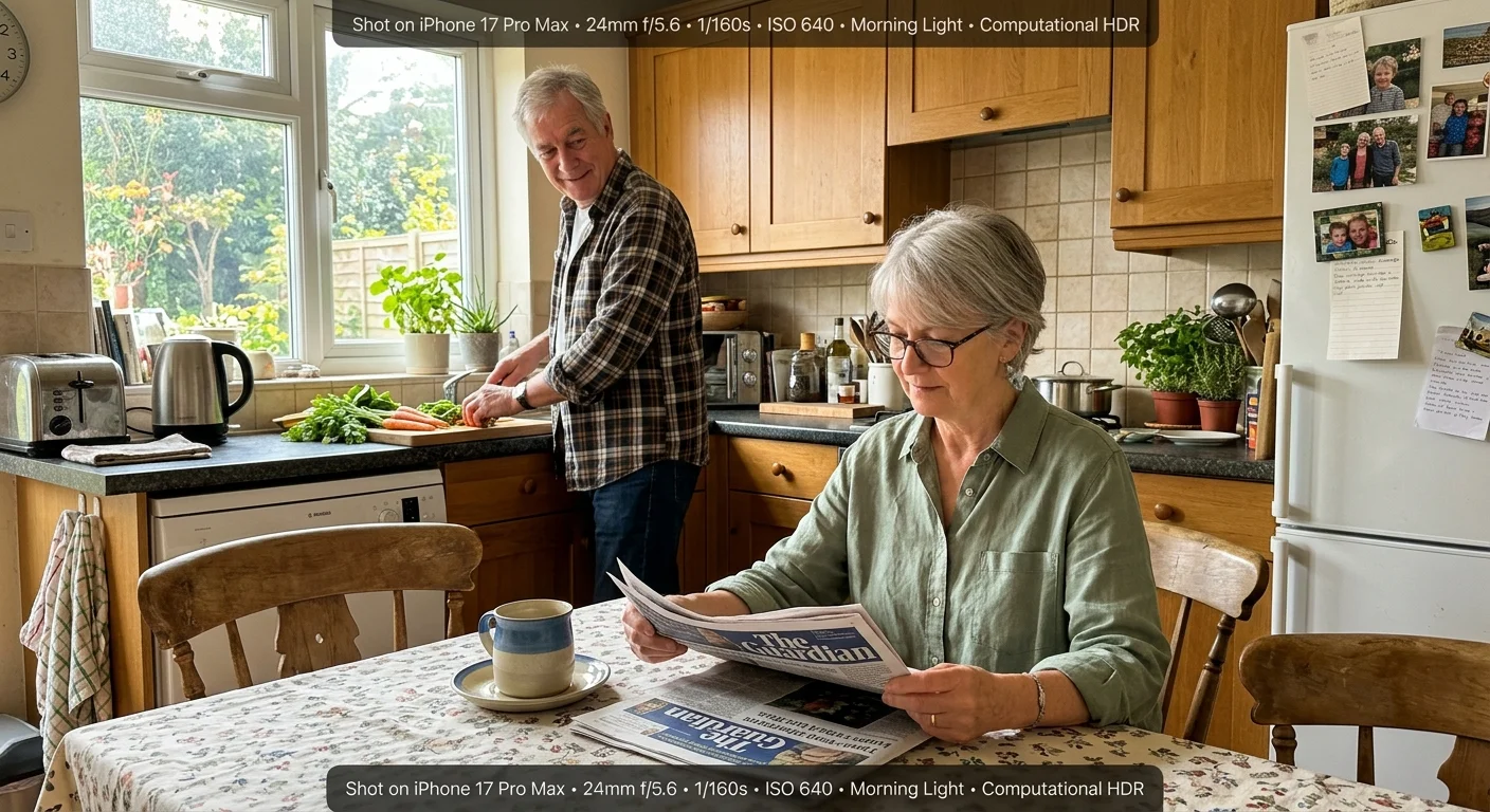 A candid home photo of a retired couple quietly sharing kitchen space in the morning.