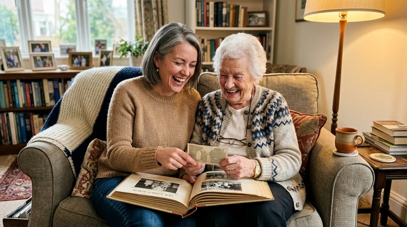 A candid photo of an adult daughter and her elderly mother laughing together on a sofa in a cozy home.