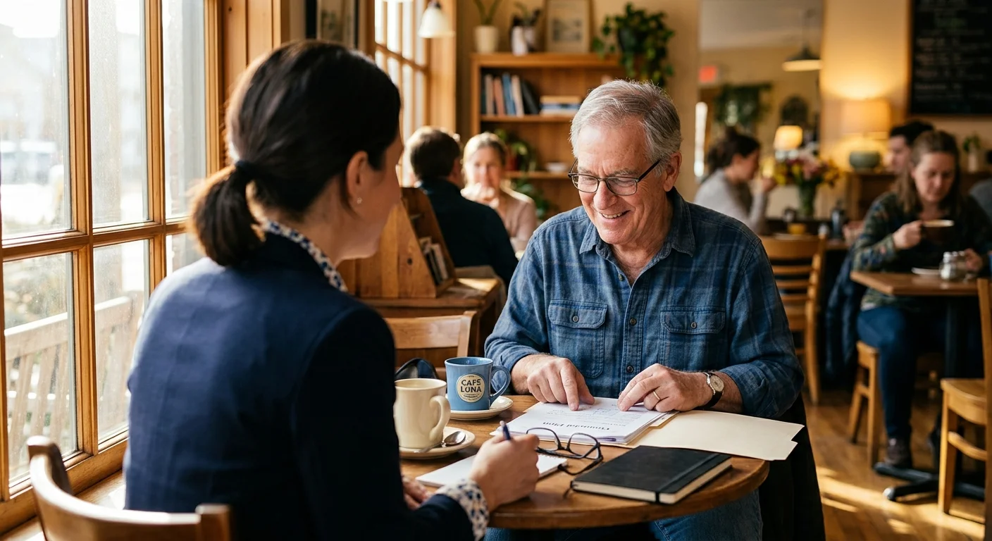 A candid photo of an older man smiling while discussing financial paperwork with a professional advisor in a sunlit cafe.