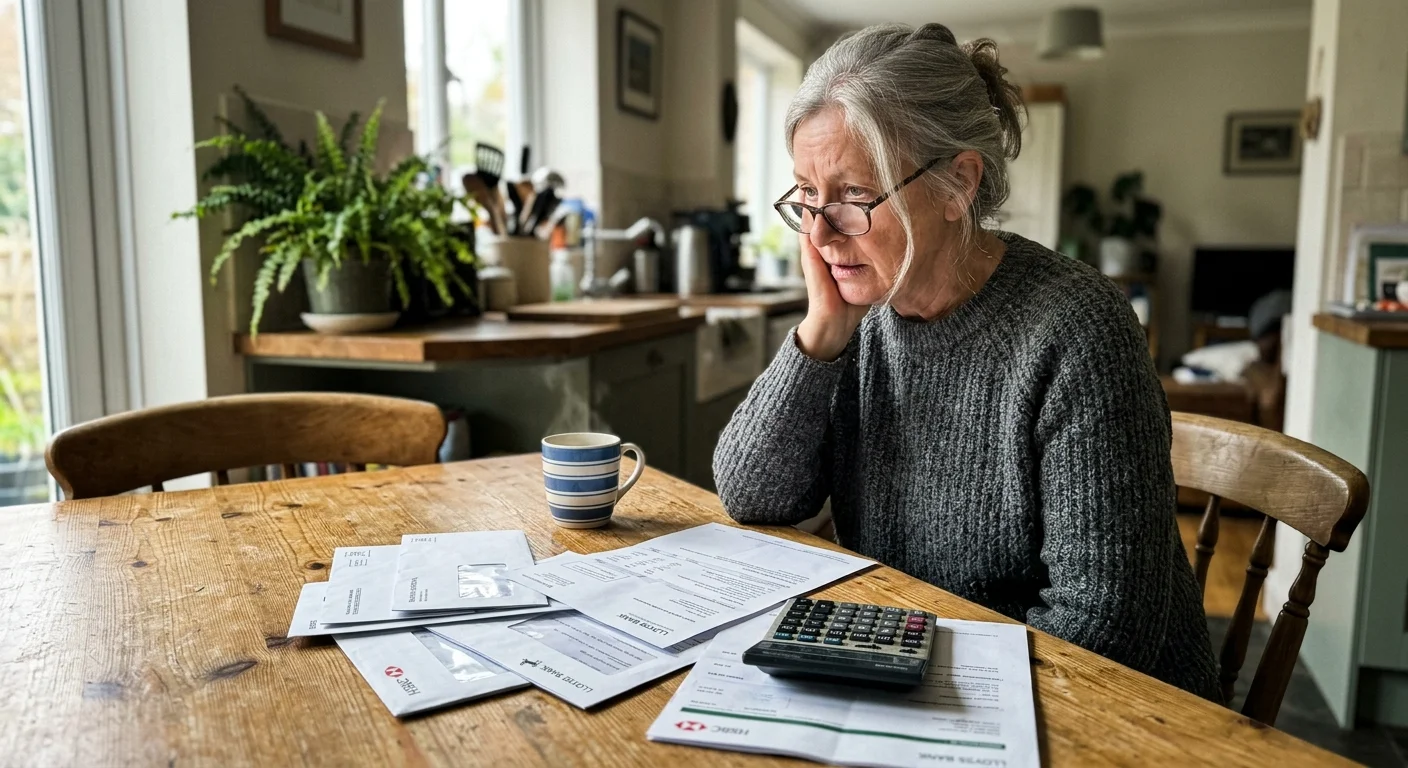 A candid photo of an older woman at her kitchen table looking over tax papers and a calculator under natural afternoon light.