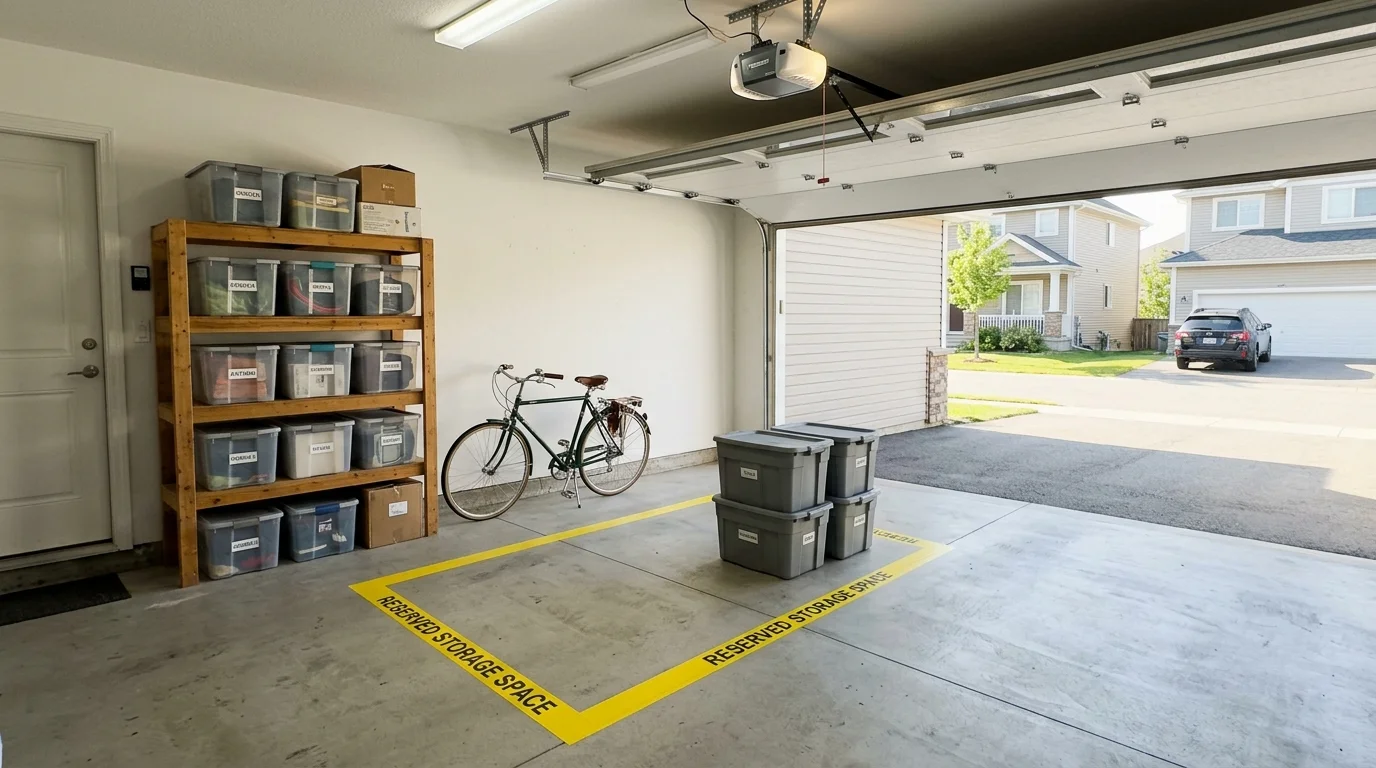 A clean and organized residential garage with a designated, taped-off section for peer-to-peer storage.