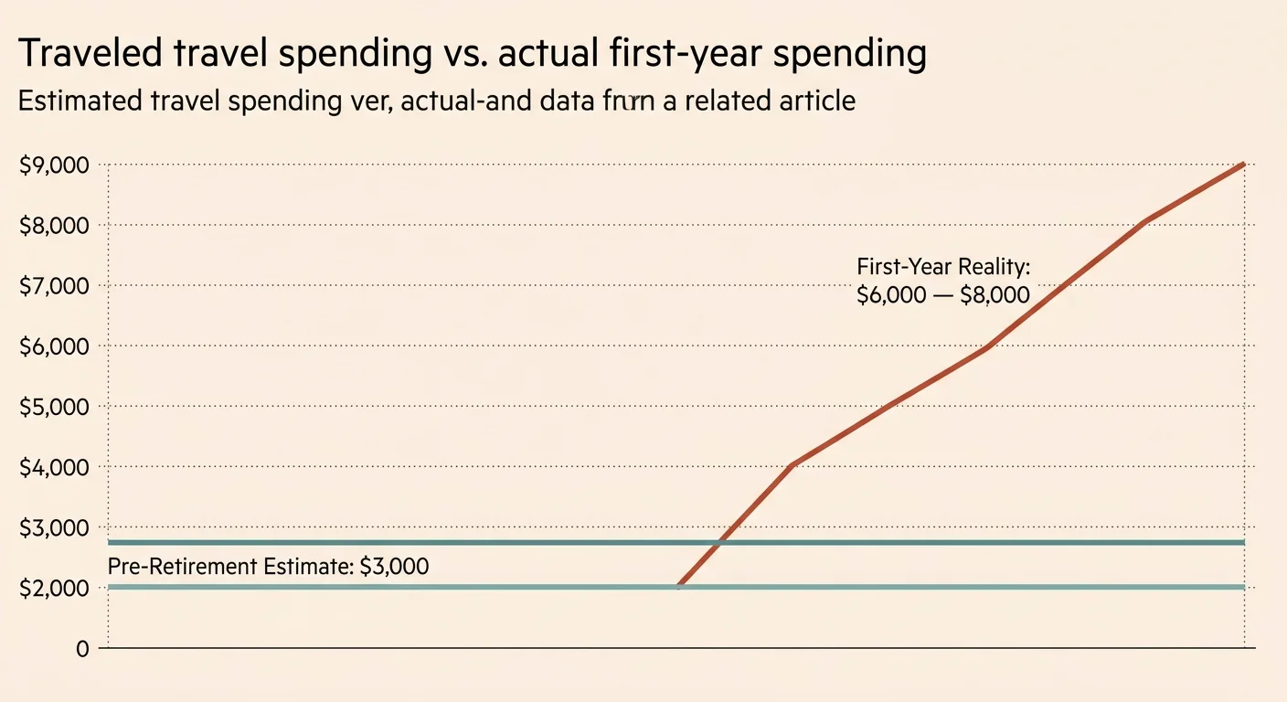 A clean line graph showing pre-retirement travel estimates of $3,000 versus the first-year reality of $6,000 to $8,000.