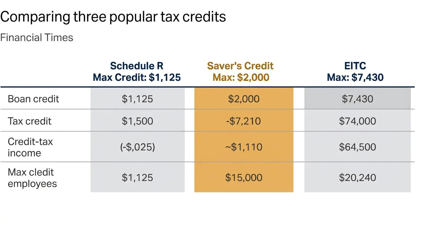 A clean, modern diagram comparing the maximum credit limits and details of Schedule R, Saver's Credit, and EITC.