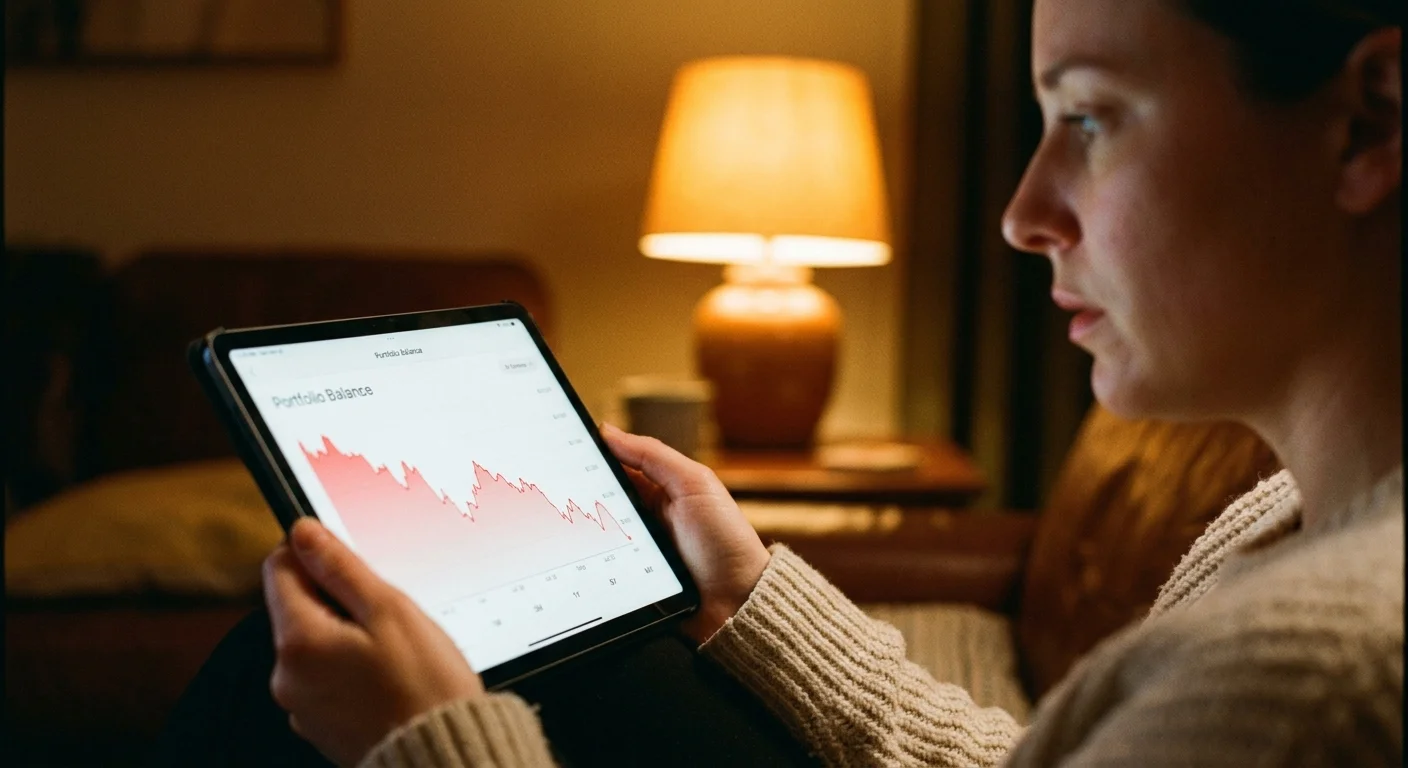 A close-up of a person holding a tablet showing a declining retirement chart under warm, dim home lighting.