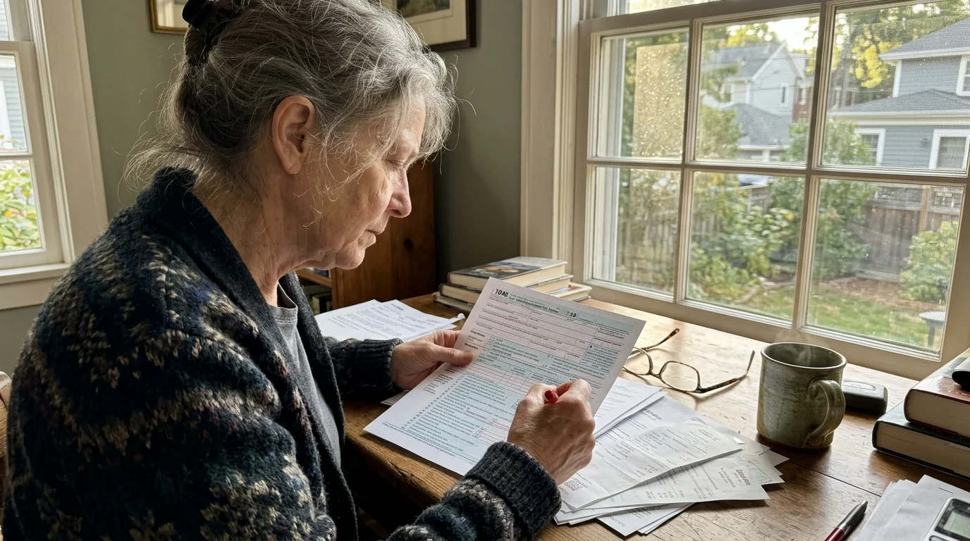 A close-up of a retiree at her desk pointing a red pen at the words Underpayment Penalty on a tax form.