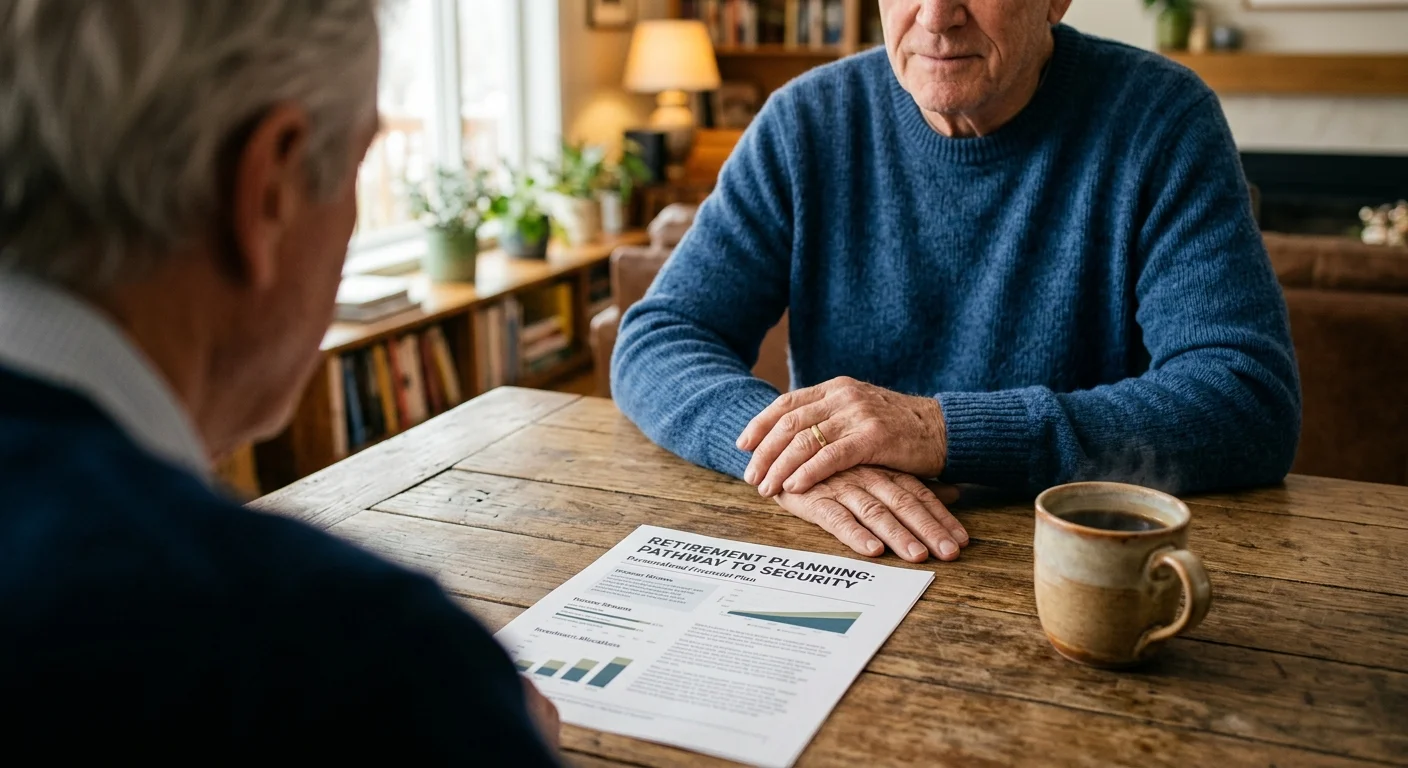 A close-up of a retiree's hands next to a financial plan and coffee mug on a warm wooden table.
