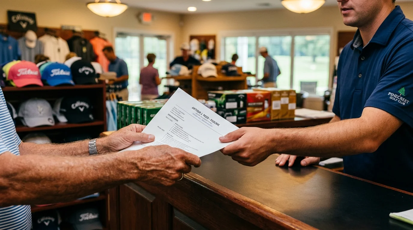 A close-up photo of a retired man handing a clean printed resume to a golf course manager over a pro shop wooden counter.