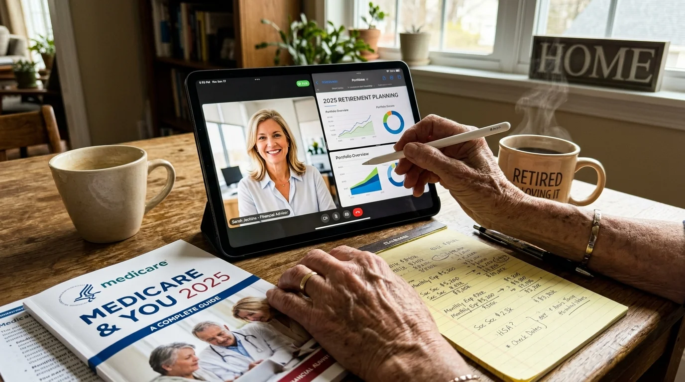 A close-up snapshot of a retiree's hands using a tablet to conduct a video consultation with a financial advisor.
