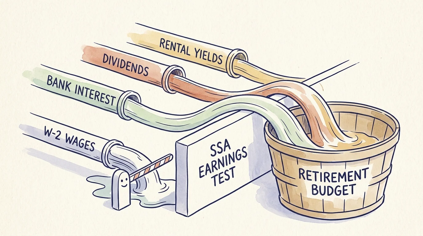 A conceptual watercolor illustration showing passive income streams bypassing the Social Security earnings test wall while active wages are 