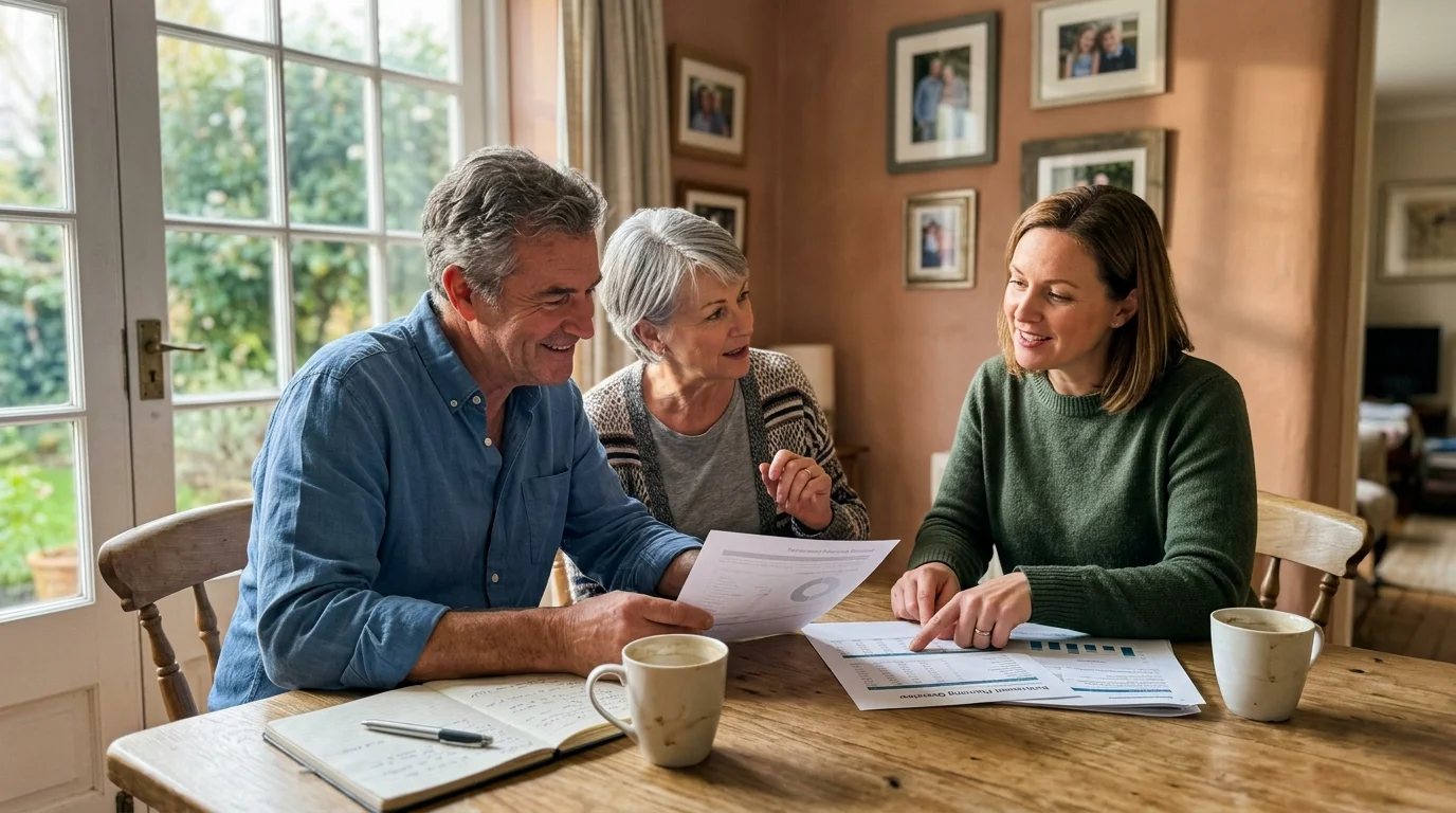 A couple sitting at their dining room table conversing warmly with a financial advisor over coffee and documents.