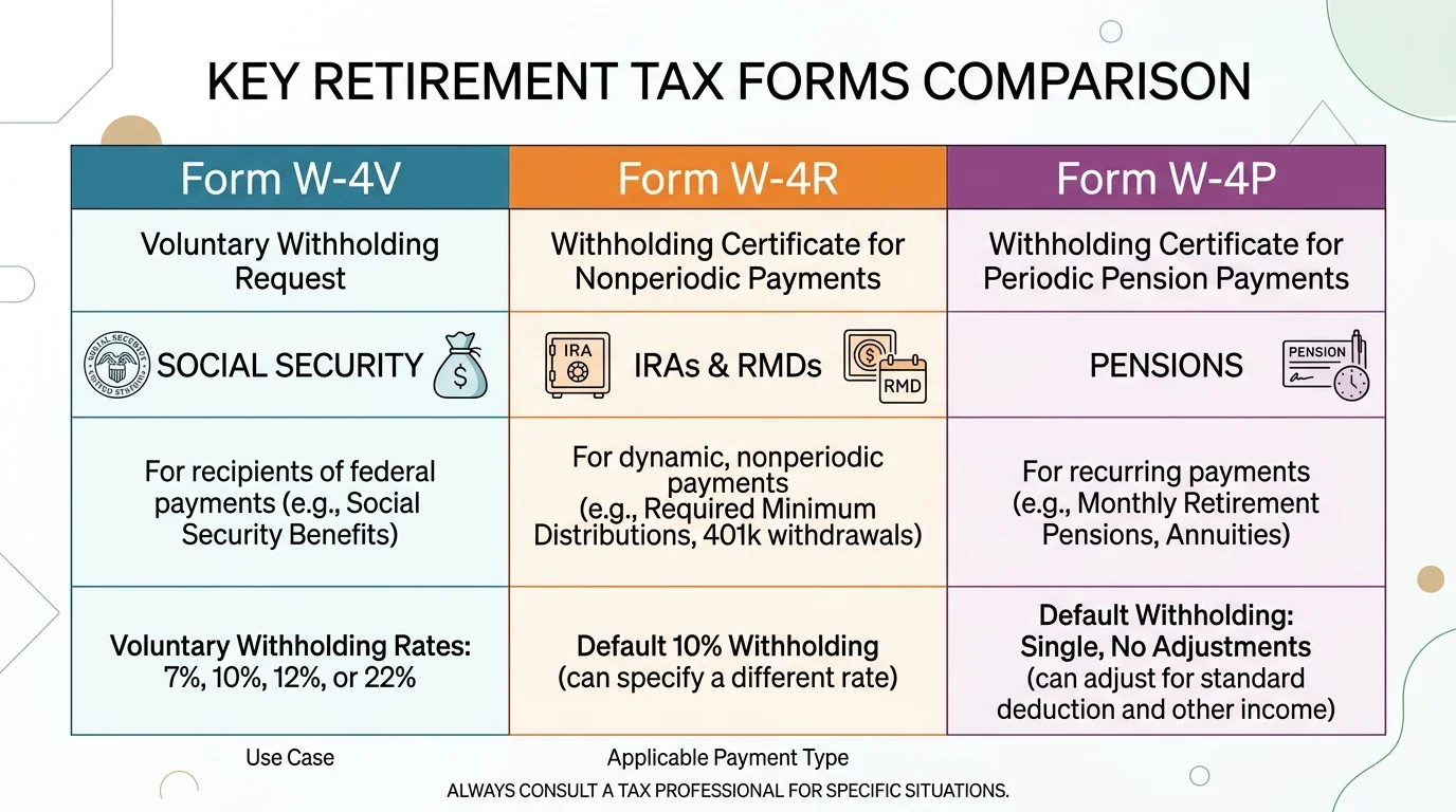 A data table diagram comparing retirement tax forms W-4V, W-4R, and W-4P side by side.