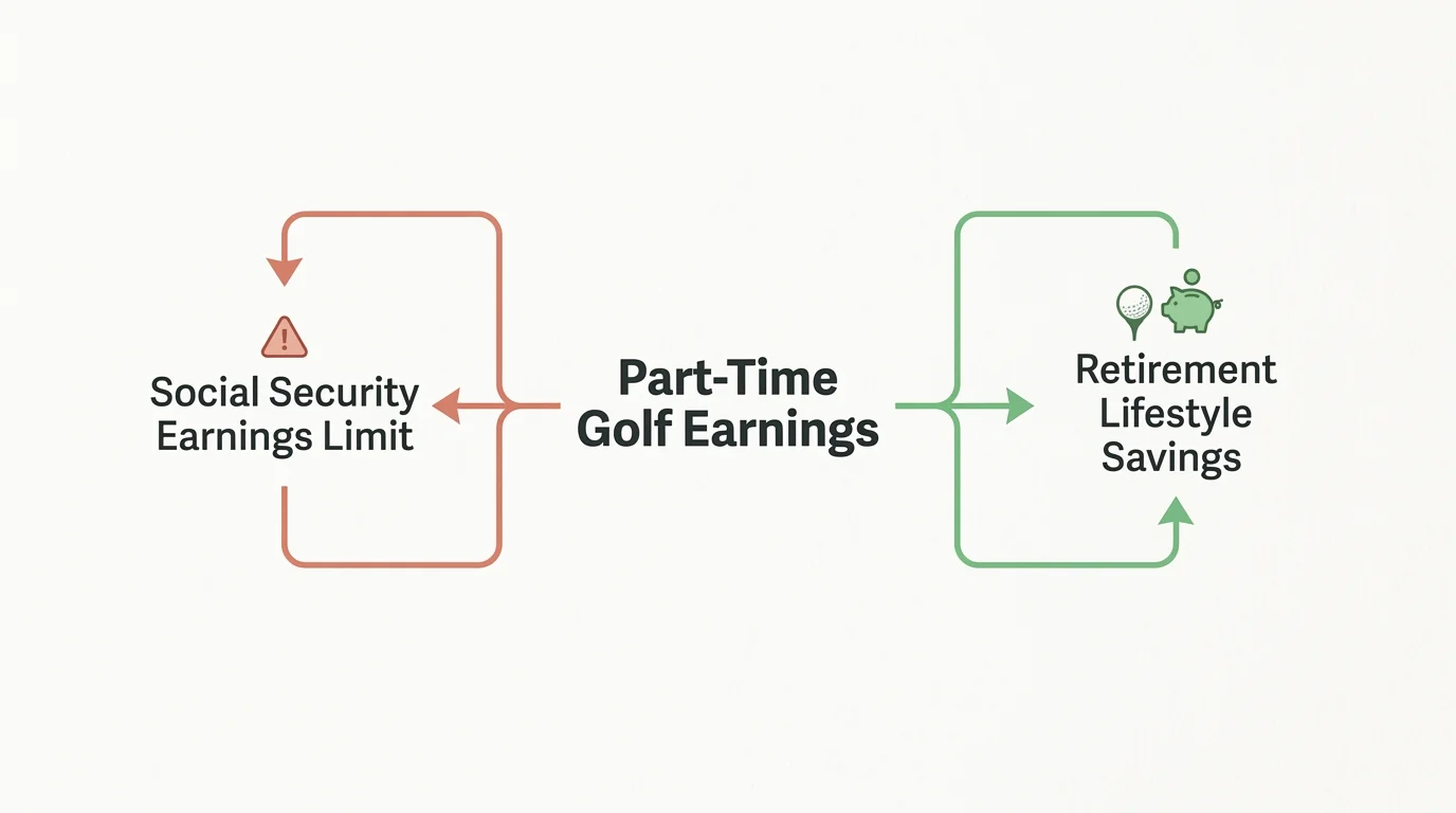 A flow chart showing how part-time golf earnings split into social security limits and retirement lifestyle savings.