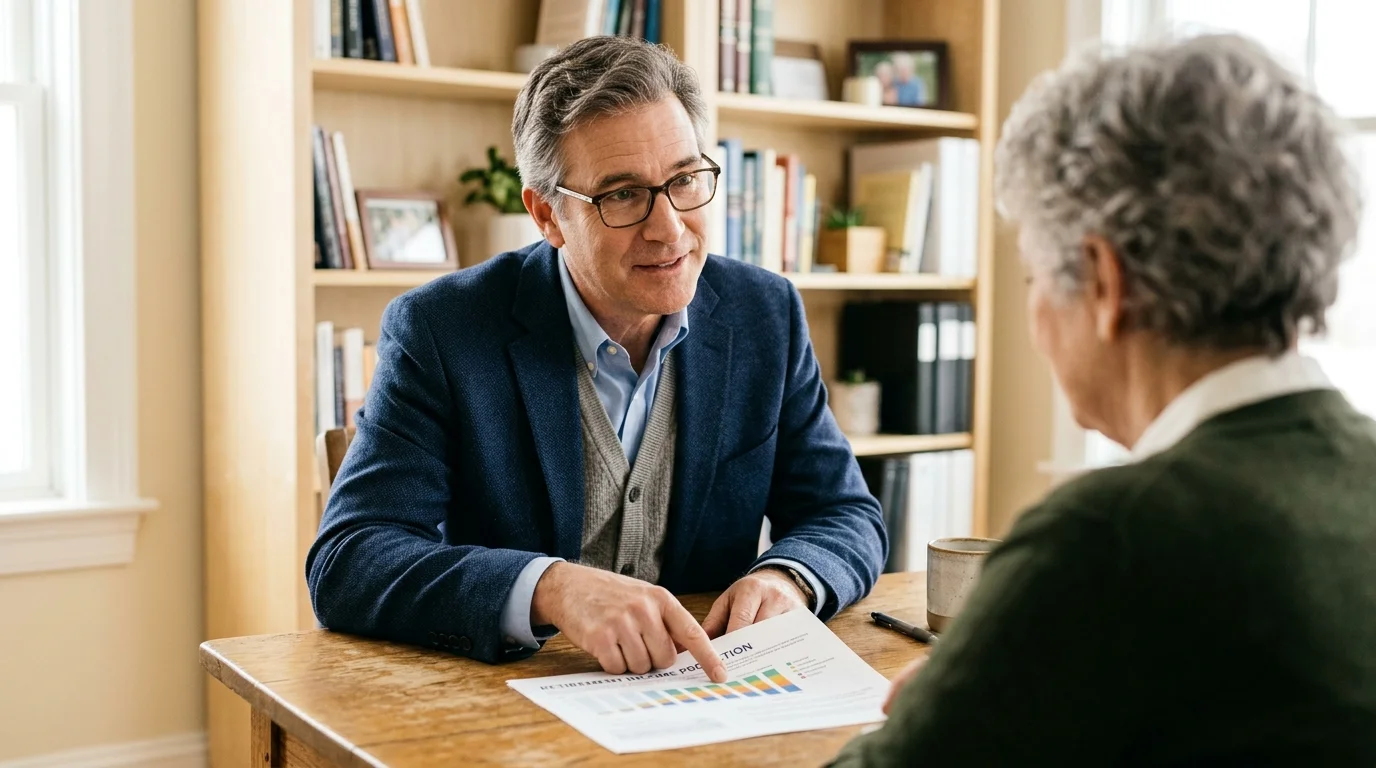A friendly financial advisor in a casual blazer explaining a financial projection chart to a client.