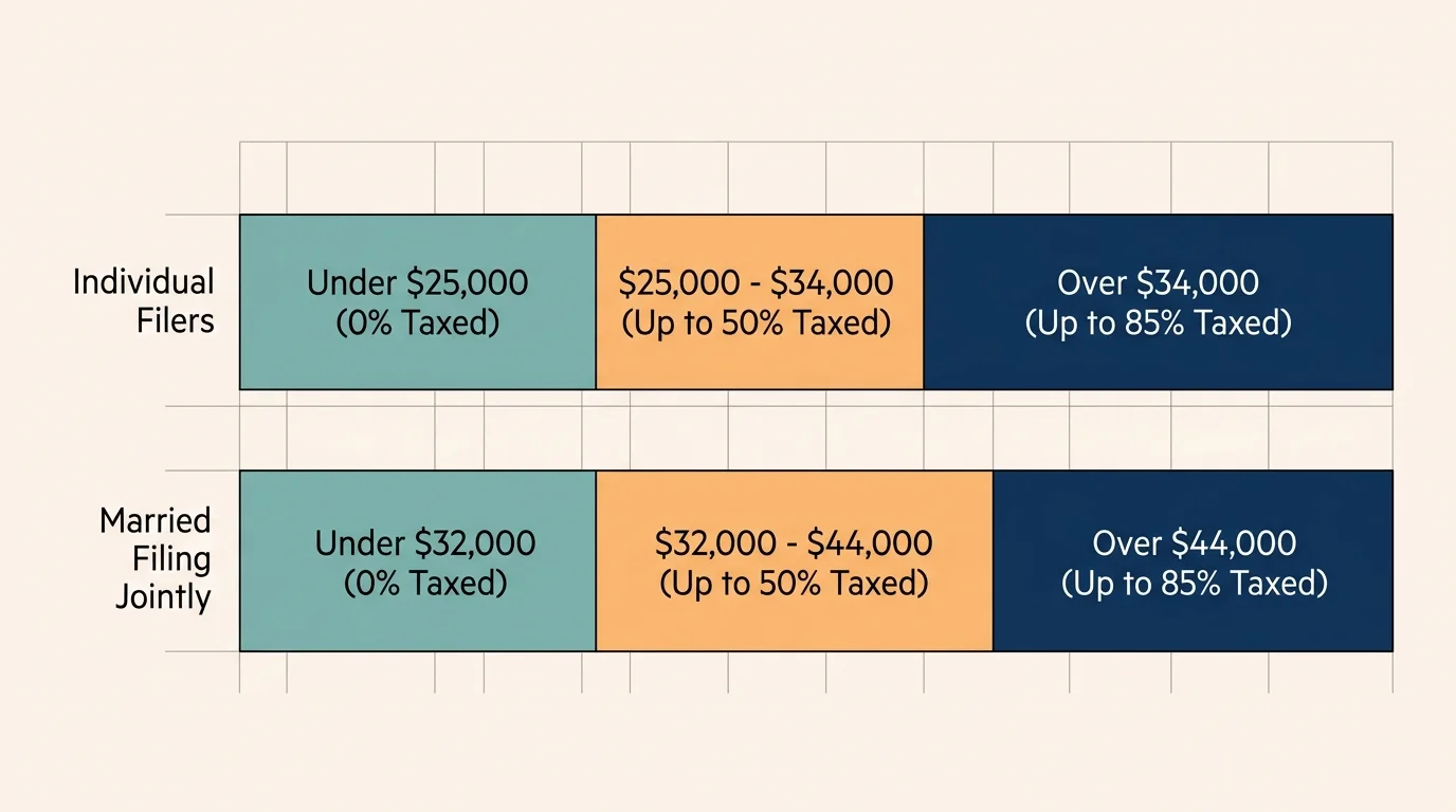 A horizontal bar chart showing Social Security tax thresholds for Individual and Joint filers.