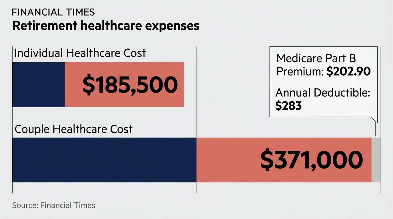 A horizontal bar chart visualizing the high cost of retirement healthcare, including a $185,500 individual estimate and Medicare costs.