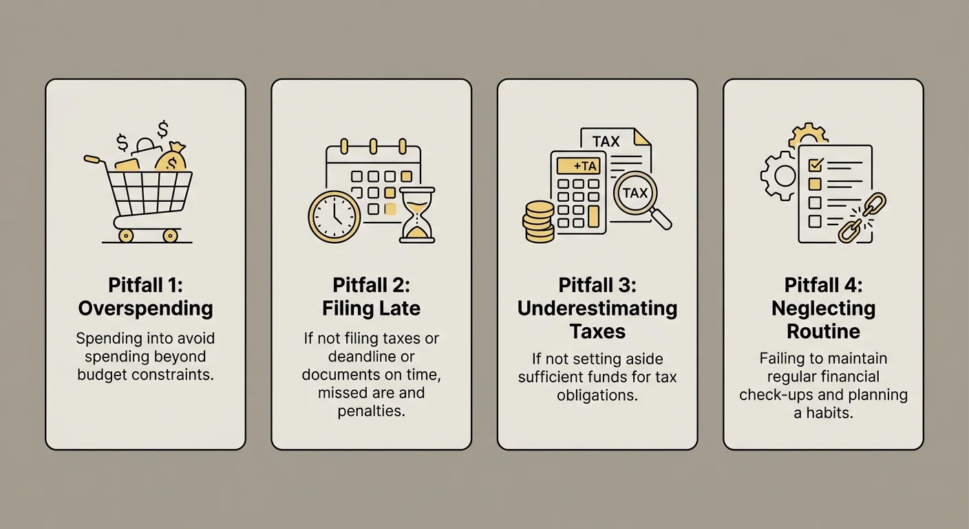 A horizontal layout of four clean warning cards detailing the key pitfalls of early retirement.