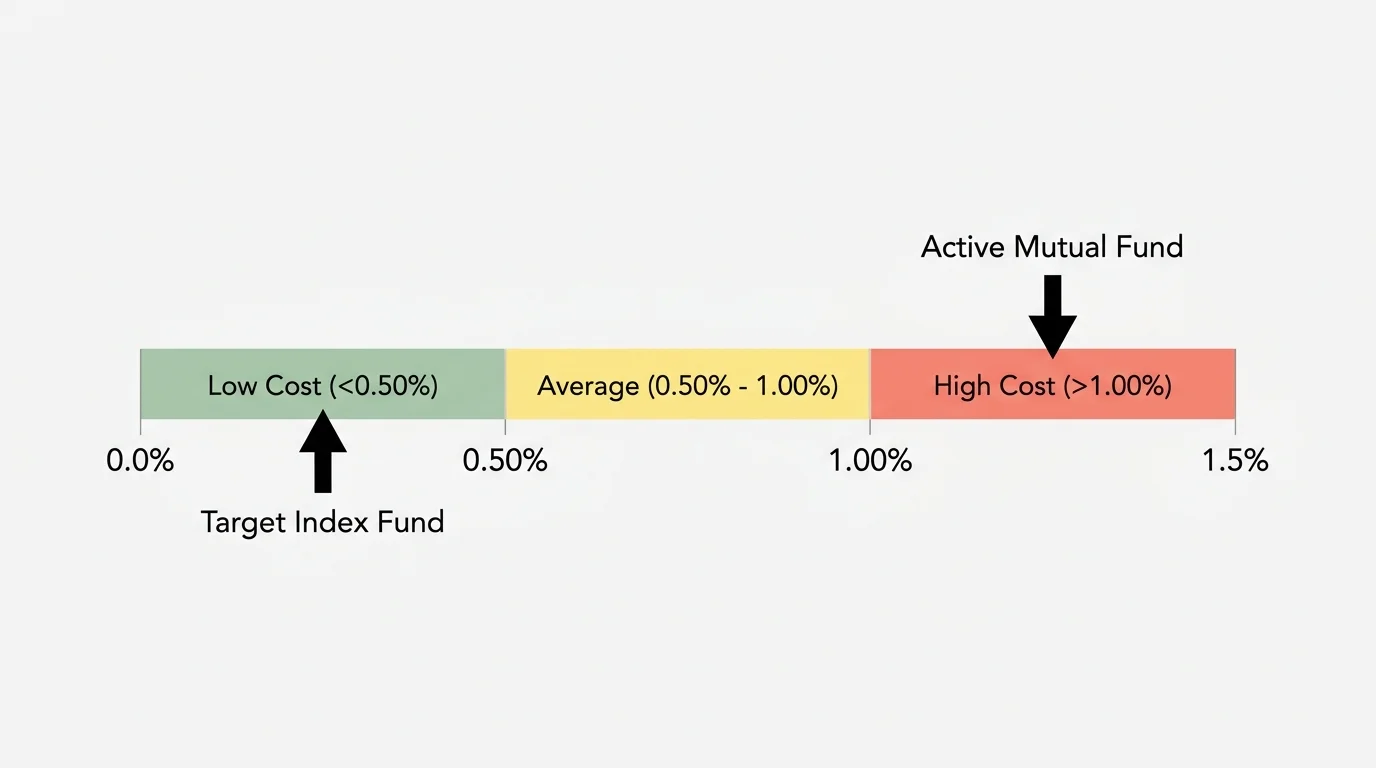 A horizontal scale showing retirement plan fee benchmarks categorized into Low Cost, Average, and High Cost zones.
