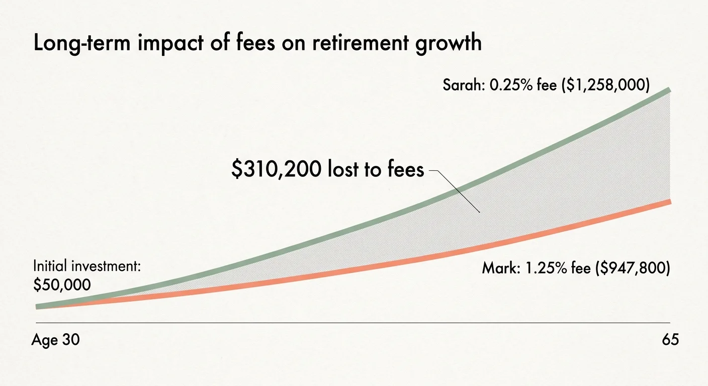 A line chart comparing Sarah's 0.25% fee growth to Mark's 1.25% fee growth, highlighting a $310,200 loss over 35 years.