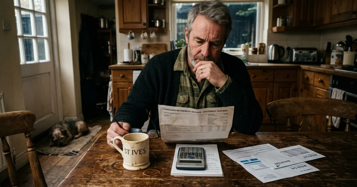 A man at his kitchen table reviewing a paper retirement statement under soft morning light, evoking a moment of financial reflection.