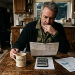 A man at his kitchen table reviewing a paper retirement statement under soft morning light, evoking a moment of financial reflection.