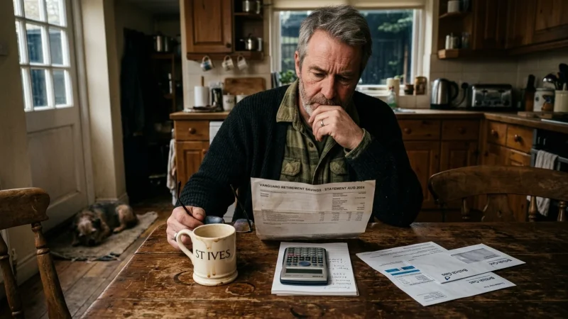 A man at his kitchen table reviewing a paper retirement statement under soft morning light, evoking a moment of financial reflection.