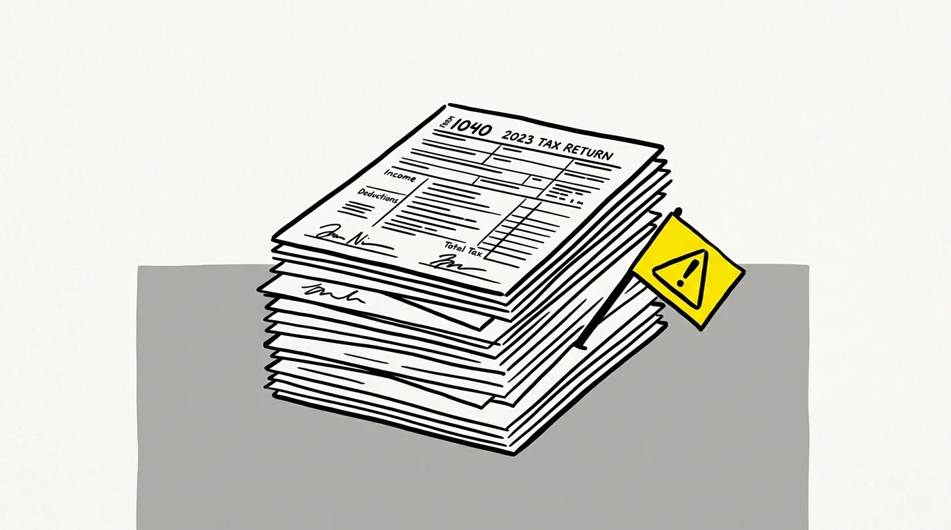 A minimalist graphic illustration of a stack of tax papers with a small yellow caution flag protruding.