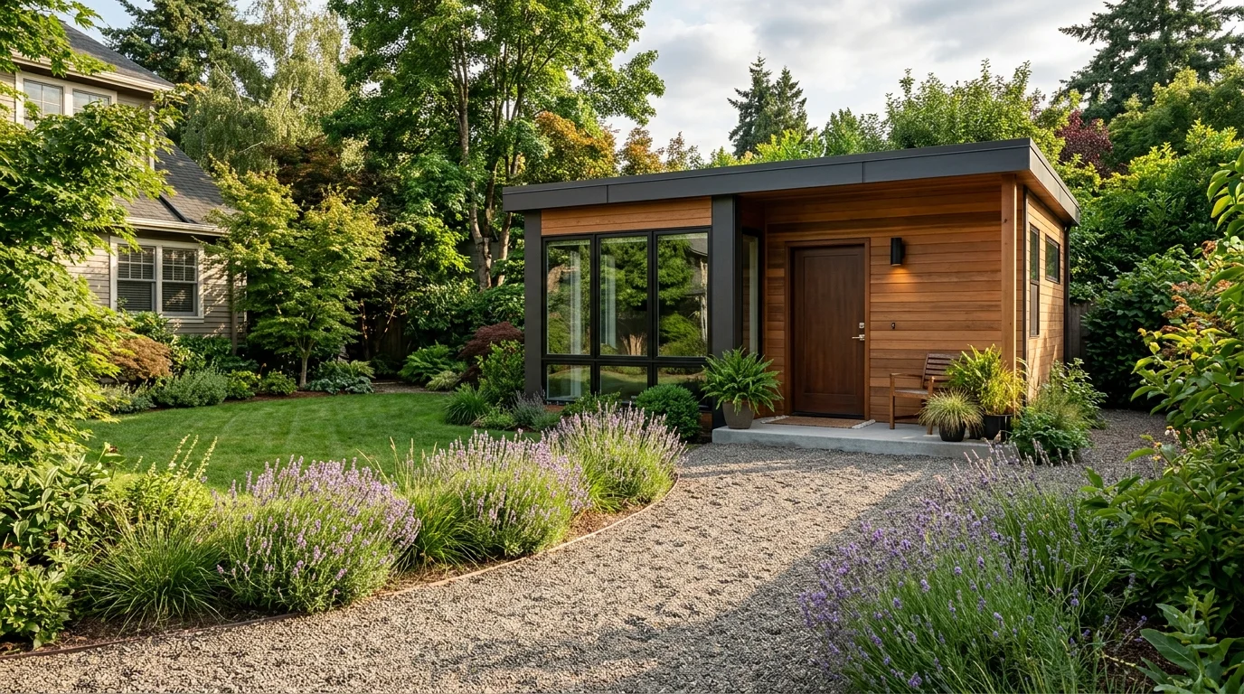 A modern detached backyard cottage with a private gravel pathway and wooden siding.