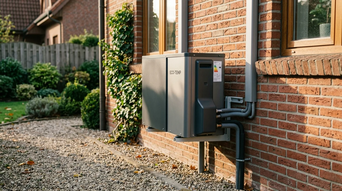 A modern, energy-efficient heat pump unit installed on the clean brick exterior of a residential home.