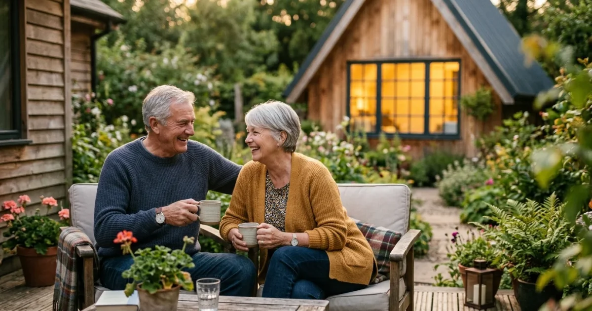 A retired couple sits happily on their sunlit patio, with a modern guest cottage visible in the green backyard background.