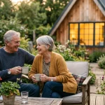 A retired couple sits happily on their sunlit patio, with a modern guest cottage visible in the green backyard background.