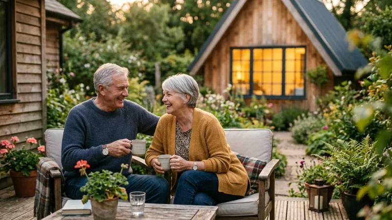 A retired couple sits happily on their sunlit patio, with a modern guest cottage visible in the green backyard background.
