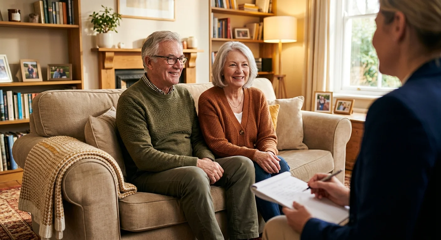 A retired couple sitting on their living room sofa, smiling as they consult with a financial advisor.