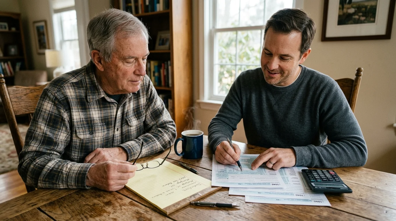 A retired man and a financial professional casually reviewing tax documents together at a dining table.