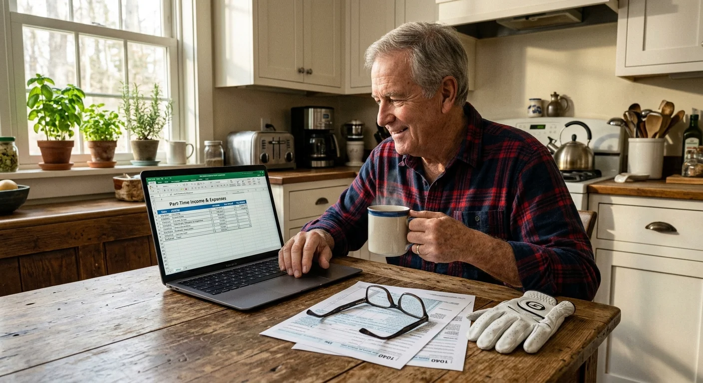 A retired man at a cozy wooden kitchen table looking at a laptop with a coffee mug, tax forms, and a golf glove nearby.