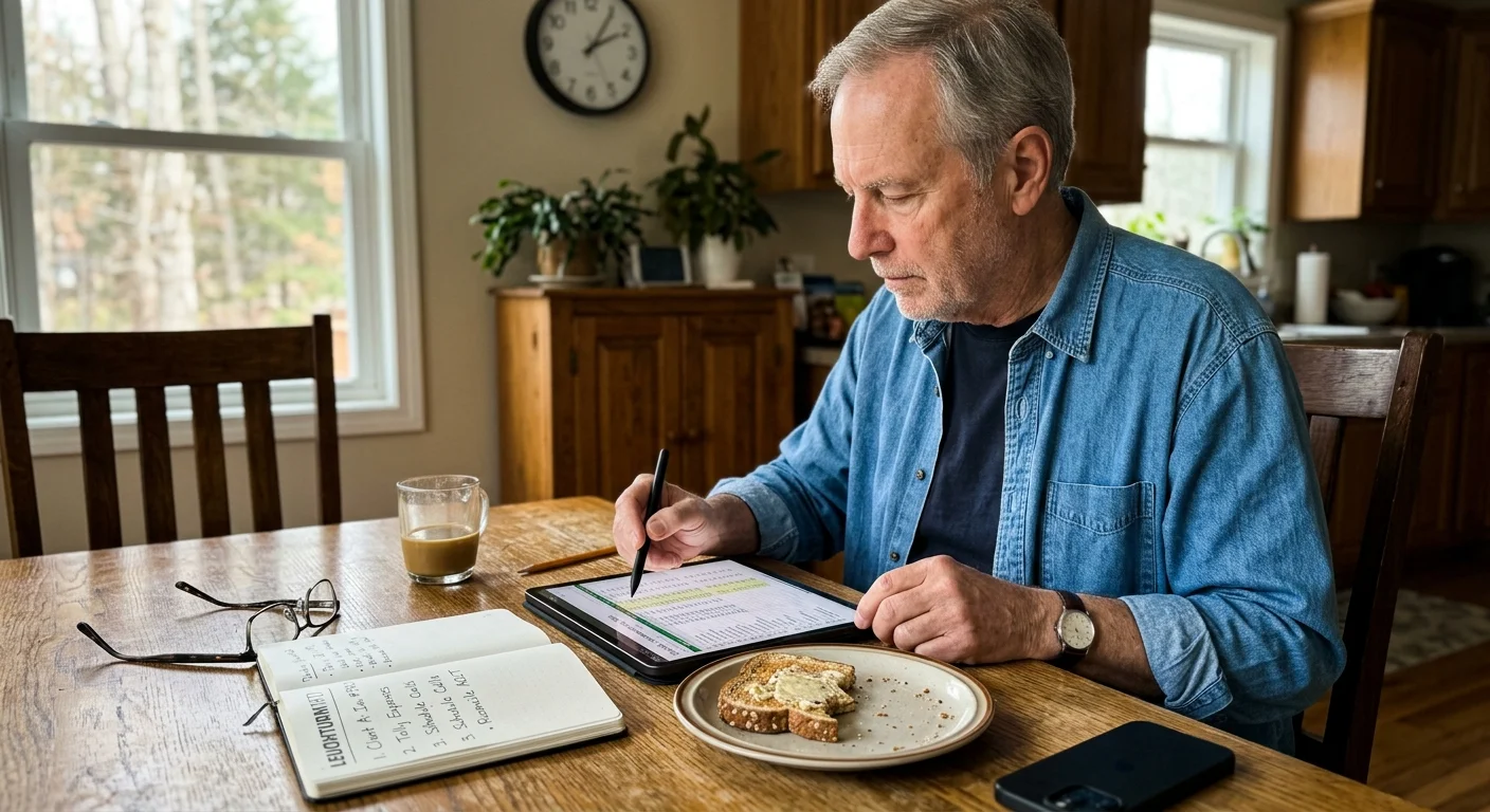 A retired man in a denim shirt organizing a spreadsheet on his tablet at a kitchen table.