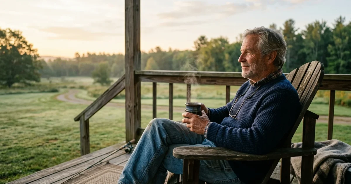 A retired man sitting on a wooden porch deck with a steaming mug of coffee in the soft morning light.
