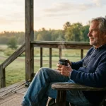A retired man sitting on a wooden porch deck with a steaming mug of coffee in the soft morning light.
