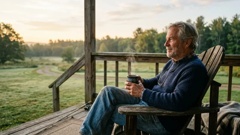 A retired man sitting on a wooden porch deck with a steaming mug of coffee in the soft morning light.
