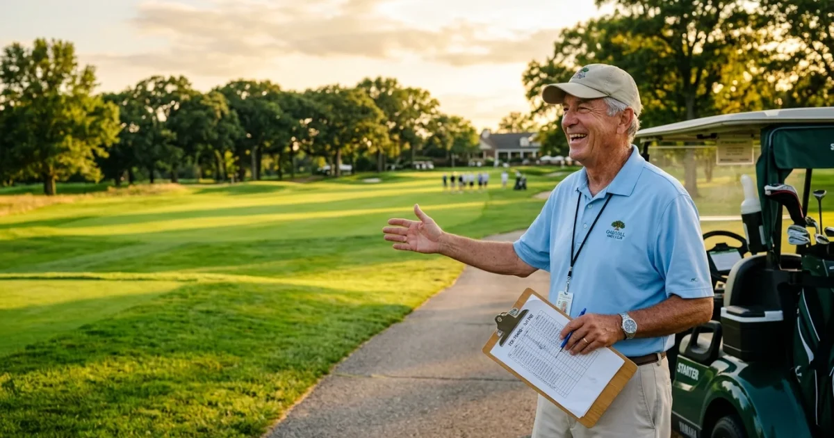 A retired man working as a golf course starter stands by a golf cart, smiling and gesturing toward a sunny green fairway.