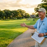 A retired man working as a golf course starter stands by a golf cart, smiling and gesturing toward a sunny green fairway.