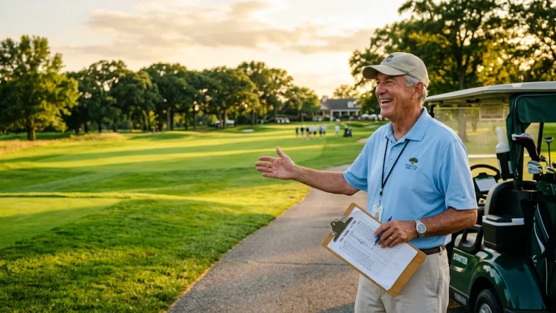 A retired man working as a golf course starter stands by a golf cart, smiling and gesturing toward a sunny green fairway.