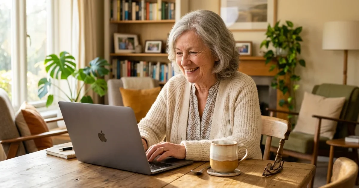 A retired woman smiling at her laptop in a cozy, sunlit dining room, working comfortably from home.