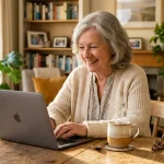 A retired woman smiling at her laptop in a cozy, sunlit dining room, working comfortably from home.
