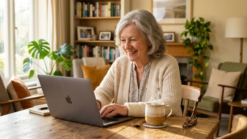 A retired woman smiling at her laptop in a cozy, sunlit dining room, working comfortably from home.