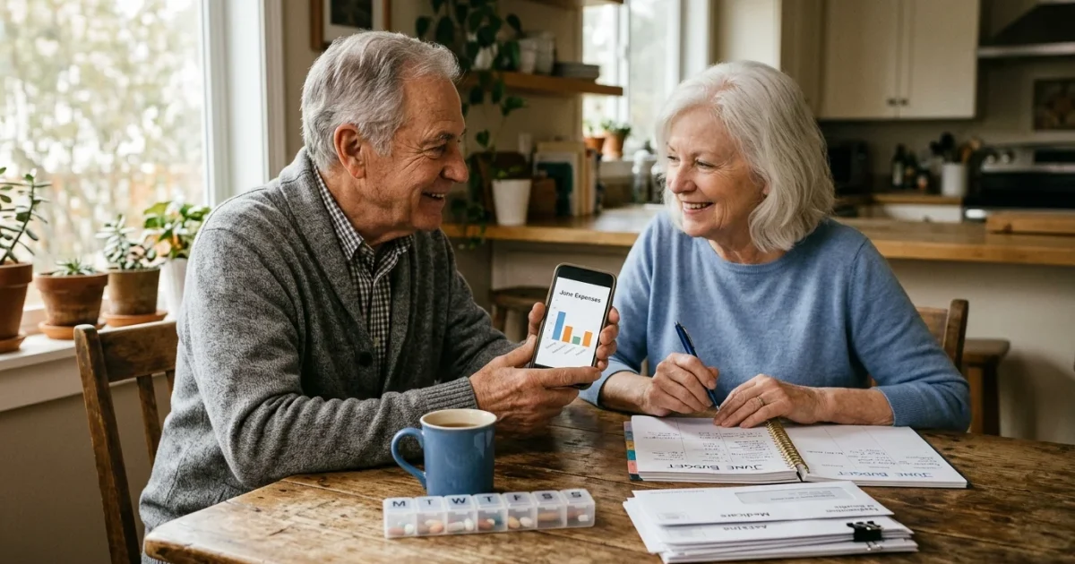A retiree couple at a wooden table reviewing their budget and medical paperwork together using a smartphone.