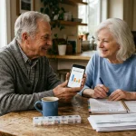 A retiree couple at a wooden table reviewing their budget and medical paperwork together using a smartphone.