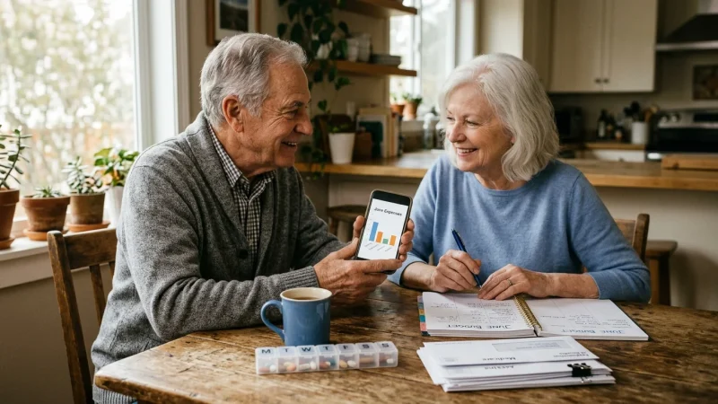 A retiree couple at a wooden table reviewing their budget and medical paperwork together using a smartphone.